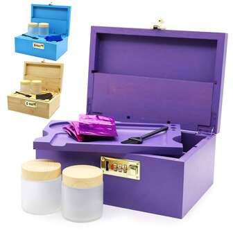 1 set premium förvaringsboxar i bambu, naturlig färg, lila, blå, med bricka och låsbar träförvaringslåda för röktillbehör, rullbricka, 2 förvaringsburkar, tobakspåse, 1 borste, låsbar rullbricka, hushållsverktyg, röktillbehör, julklapp, jul, födelsedagspresent