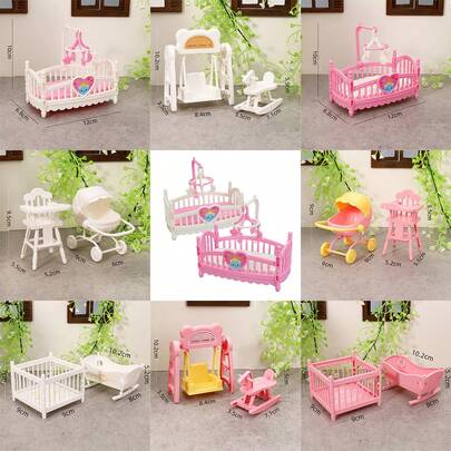 Mini Miniature Children Home Scene Prop Model Toys Playing House Toys Baby Crib Cart Swinging Bed Surround Bed Dining Table Swing Wooden Horse Set Cartoon Ornament For Bedroom Dollhouse Accessories Girl Gift Home Decoration White Pink Girl Heart Hobbies Collection Simulation DIY Game Princess Bed Hanging Head Bell Toy