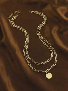 1pc Double Layer Round Pendant Necklace, Everyday Wear - Yellow Gold - View 5