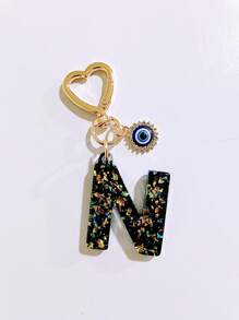 1pc Laser Black Shiny Resin A-Z Initial Keychain, With Devil Eye And Heart Keyring Bag Charm Pendant, Party Favor, Suitable For Holiday Gifts To Friends