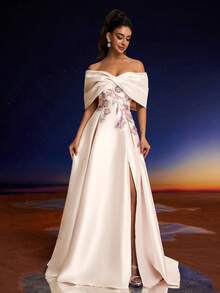 Women's Elegant Off Shoulder Sequin Applique Decor High Slit Formal Evening Dress