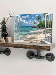 1 Pc Beach Wall Arts, Window Frame Style Sea Canvas Wall Decor Ocean Lavender Pictures, Blue Sea And Boat Sailing Ocean Island Canvas, Nature Seascape Posters For Living Room Office Bedroom Home, Optional Framed