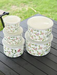 5pcs/Set Vintage Enamel Ice Bowls With Lids, Airtight Dust-Proof, Heat-Resistant For Cooking & Soaking, Suitable For Camping, Serving Soup, Storing Food & Snacks In All Seasons - Beige - View 8