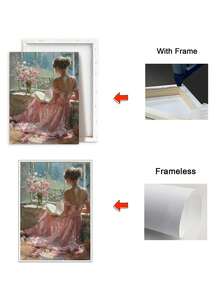 1 件帆布墙面艺术海报家居装饰礼品，捕捉身着飘逸玫瑰色连衣裙的女子之美，在盛开的鲜花环绕的阳光窗边阅读，可直接悬挂，可选带框 - 彩色 - 查看 6