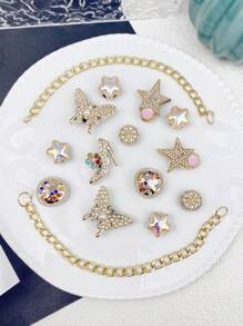22pcs Gold Chain, Crystal Heart, Letter LOVE, ABS Rhinestone Pearl Butterfly, High Heel, Crystal Pentagram, Flower Shoe Buckle DIY Decorations, Multifunctional Shoe Clips Suitable For Women's Sandals, Slippers, Beach Bags, Great For Holiday & Birthday Party Gifts