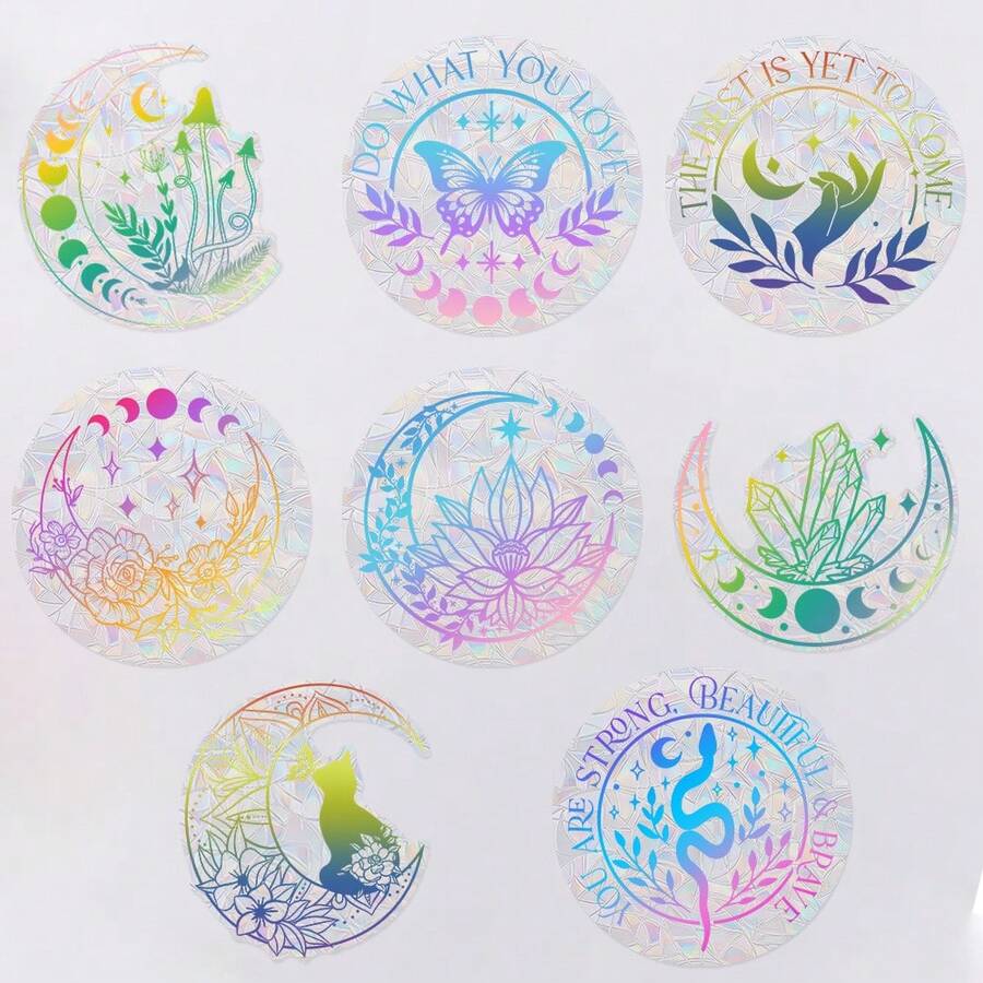 1 件阳光捕手窗户彩膜透明玻璃贴纸波西米亚独特月亮蝴蝶莲花元素玻璃静电贴纸窗户装饰贴纸静电吸附可重复使用适用于家庭和厨房窗户装饰送给家人和朋友的完美礼物。