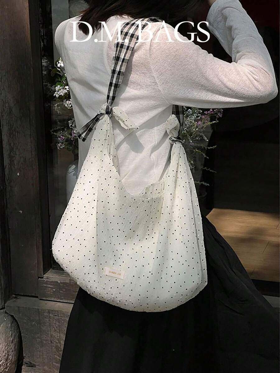 新款时尚大容量休闲百搭法式波点帆布包通勤包可爱清新文艺风适合大学生日常使用单肩包