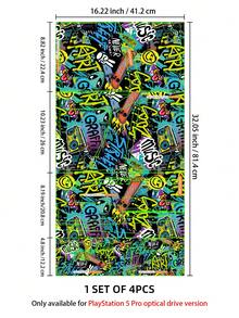Juego de 4 piezas de piel de vinilo con estilo de graffiti para consola y controlador de juegos DISC Pro - Resistente a los arañazos, impermeable, a prueba de polvo - Envoltura de adhesivo con tema dinámico de graffiti de juegos genial - Multicolor - Ver 3