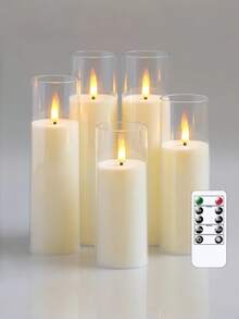 5pcs Acrylic Flameless Flickering Candles With Remote Control Timer, Battery Operated LED Candles 2.2" X 5", 5", 6", 7", 8" Plastic Pillar Candles, Suitable For Wedding, Living Room, Bathroom, Wedding, Holiday, Party, Farmhouse, Bedroom (Long-Lasting , Ivory Color) - White - View 5