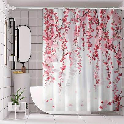 1pc Floral Sakura Print Non-Light-Blocking Polyester Shower Curtain, Machine Washable, With Hooks, All Seasons Bathroom Decoration, Bathroom Shower Curtain Bathroom Accessories Back To School