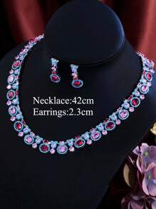 1 Set Luxury Turquoise And Pink Red Cubic Zirconia Chunky Big Wedding Banquet Bridal Party Necklace And Earrings Jewelry Set For Women