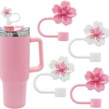 1/2/3/4/5/6/7/8 件卡通花朵吸管杯盖，硅胶吸管盖适合 30 和 40 盎司带手柄玻璃杯，10 毫米可爱吸管尖盖适用于杯子配件