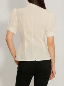 Amyenjoylife Women's Solid Color Elegant Puff Sleeve Short Sleeve Stand Collar Blouse - Apricot - View 2