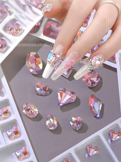 5/30 peças de decoração de unhas de cristal K9 Aurora, acessórios de unhas com strass holográficos Aurora com fundo pontudo, espelho, losango grosso e pingentes de unhas em formato de coração