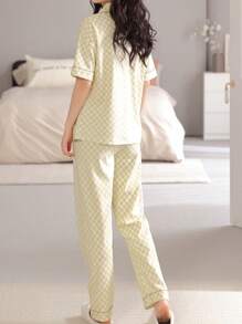 Conjunto de pijama de 2 piezas para mujer - Camisa con cuello y abotonadura, parte superior estampada con pandas a cuadros de manga corta y bolsillo y pantalones holgados, ropa cómoda de ocio para primavera, verano y vacaciones