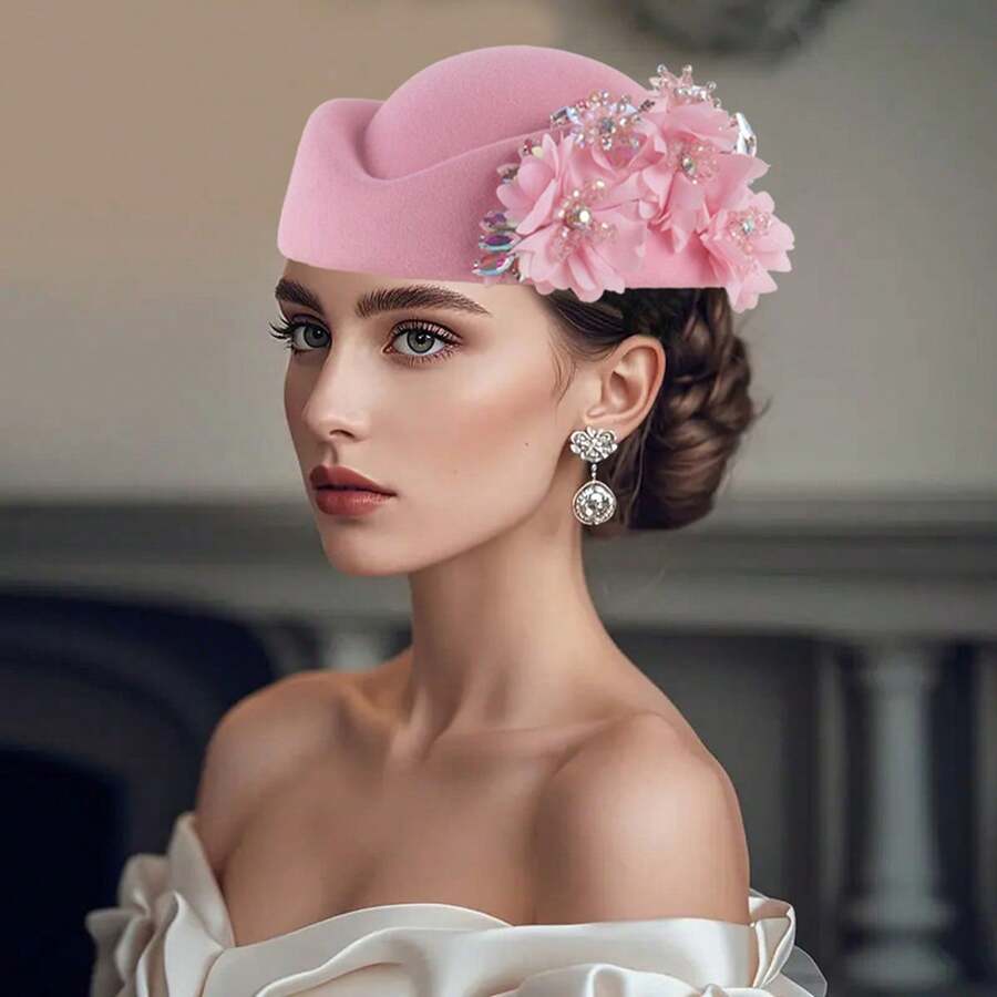 Women Pillbox Hat With Flowers Vintage British Style Derby Hats Felt Berets Fascinators Caps For Church Tea Party - 粉色 - 查看 1
