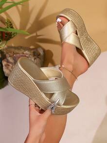 Women's Minimalist Wedge Sandals, Leather Criss-Cross Upper, Open Toe, Thick Sole, Fashion Slip-On Heeled Sandal, Spring/Summer - Gold - View 2