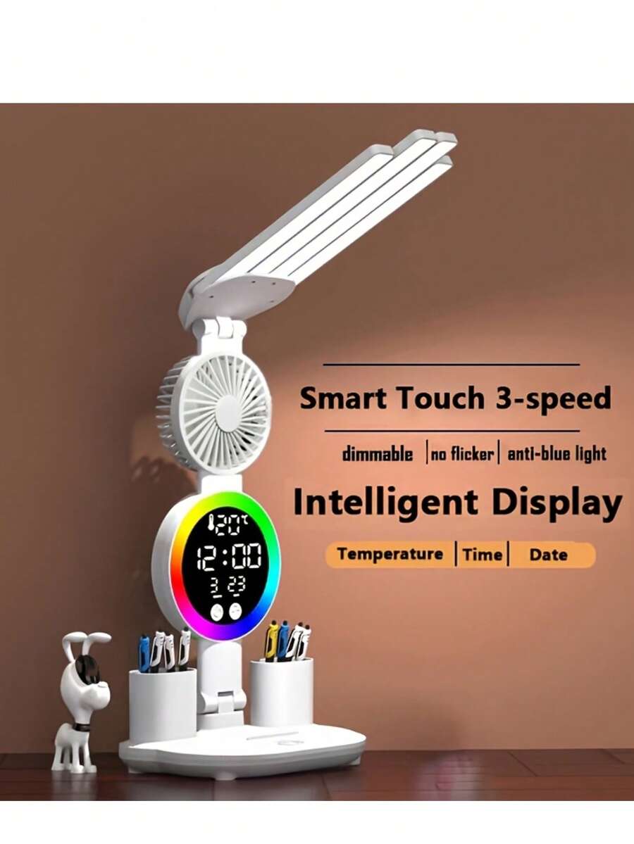 Smart Touch LED Desk Lamp With USB - Dual Head, Dimmable And Color Changing Reading Light, Built-In Fan And Night Light, Eye Protection Design, Very Suitable For Home Office And Dormitory Learning - Battery Free, Multifunctional Desk Lamp | Dual Head Lamp | Integrated Fan Lamp, Home Office Desk Lamp - 彩色 - 查看 1