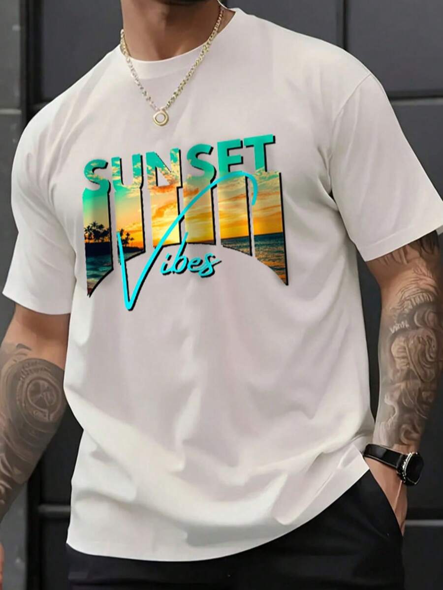 Couples, Gifts, Men's Tops, Women's Tops Fashion Letter Pattern Men's T-Shirt Pure Cotton Skin Comfortable , Suitable For Sports Out At Home Suitable For Lovers Loved Ones - 白色 - 查看 1
