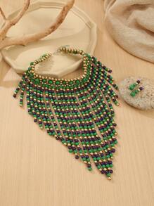 1 Set Di Collana e orecchini fatti a mano, a più strati, con nappine esagerate e perline, adatti per serate, vacanze, stile sud-est asiatico, bohémien, mediorientale, occidentale, retrò, raffinati