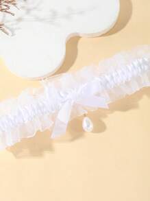 1pc Fashion White Lace Elastic Leg Garter With Faux Pearl Teardrop Butterfly Pendant, Sexy Thigh Chain, Suitable For Weddings, Bridesmaids