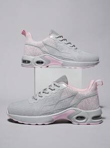 Women's Light Pink Grey Round Toe Lace Up Sneakers Breathable Shock-Absorbing Casual Shoes