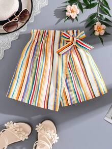 青少年女孩彩虹条纹休闲假裙，夏季轻便舒适透气户外度假沙滩裙短裤带蝴蝶结装饰，儿童夏季服装 - 彩色 - 查看 1