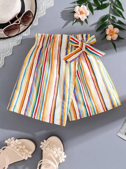 青少年女孩彩虹条纹休闲假裙，夏季轻便舒适透气户外度假沙滩裙短裤带蝴蝶结装饰，儿童夏季服装