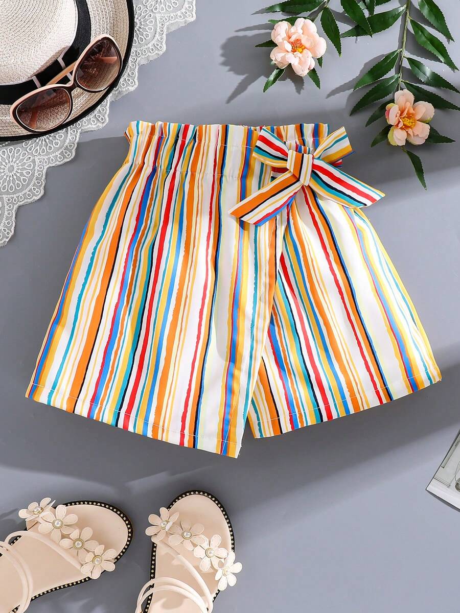 青少年女孩彩虹条纹休闲假裙，夏季轻便舒适透气户外度假沙滩裙短裤带蝴蝶结装饰，儿童夏季服装 - 彩色 - 查看 1