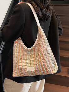 1 pezzo Borsa a spalla casual intrecciata, design colorblock, borsa tote di grande capacità, borsa hobo perfetta per l'uso quotidiano, lo shopping, i viaggi e le vacanze delle donne/ragazze/studenti - Beige - Visualizzare 8