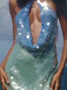 Women Halter Neck Dress Casual Contrast Colors Sequins Cowl Neck Backless Mini Party Dress For Beach Club Streetwear