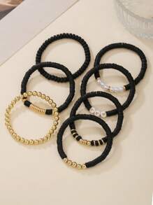 Conjunto de 7 peças/conjunto elegante de joias com contas de argila polímero CCB em formato de coração e pérolas artificiais, adequado para uso diário feminino, presente para família, namorada, melhor amiga, férias na praia, festival, aniversário, festa