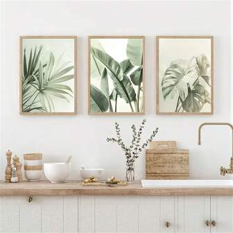 1Pc/3Pcs Modern Botanical Tropical Palm Leaves Wall Art Decor Posters Sage Green Plant Canvas Prints Paintings For Living Room Bedroom Home Office Dormitory Decor Wall Background Design Picture Framed/Unframed ,Wall Art With Frame