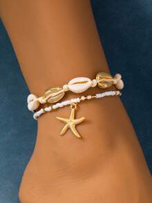 1 Set Of 2 Pcs Summer Starfish & Shell Woven Anklets, Fashionable European & American Ocean Beach Style - one-size - View 4
