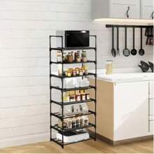 8 Tier Adjustable Kitchen Shelf, Kitchen Organizer Storage, Black Metal Shelf With Hooks, Spice Rack, Kitchenware And Utensil Rack, Home Decor For Kitchen, Pantry, Bathroom, Valentine's Day, Easter Decor.