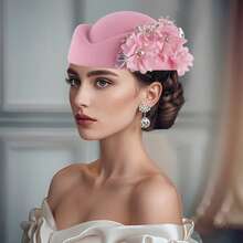 Women Pillbox Hat With Flowers Vintage British Style Derby Hats Felt Berets Fascinators Caps For Church Tea Party - 粉色 - 查看 2