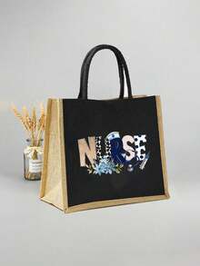 护士印花托特包，轻便购物袋，兼具便携旅行沙滩包和化妆包的功能，采用艺术字母和图案印花设计，适合女性日常使用，是一款便捷的购物袋。感谢老师的礼物，女士亚麻大容量手提包，手提包和化妆包套装，时尚亚麻托特包和化妆包 - 大容量，适合上班、上学或购物，姐妹、同事、朋友