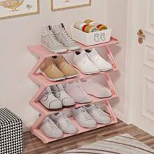 Four-Layer Large Z-Shaped Shoe Rack, Easy To Assemble Without Tools, Pink Plastic Stackable Storage Organizer, Suitable For Home, Dormitory And Living Room, Space-Saving Floor Design, Shoe Storage Organizer