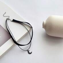 1 件简约百搭甜美朋克天鹅绒双层不锈钢串珠颈链，女士短项圈链项链，日常佩戴金属不褪色 - 黑色 - 查看 7