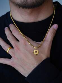 1pc Stainless Steel Hollow Sun Pendant Necklace, & Minimalist For Men