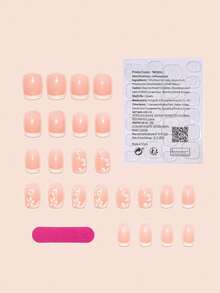 24 片装简约短款性感女孩白色花朵美甲可爱甜美按压式假指甲成品指甲贴，配指甲锉和果冻胶美甲用品指甲 - 彩色 - 查看 4