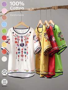 Áo cánh Boho Vintage rộng rãi thêu họa tiết cho nữ, Áo thường ngày mùa xuân/hè - Đỏ - Xem 7