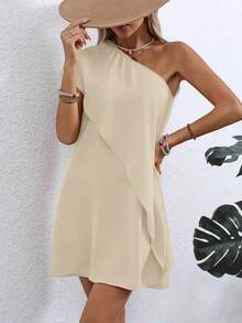 Women Lightweight Polyester Asymmetric Off-Shoulder Dress - Slim Fit Casual Style - Apricot - View 4