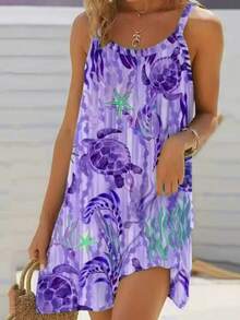 Women's Casual Turtle Print Spaghetti Strap Mini Dress For Vacation