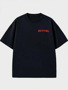 Music - Style Black T - Shirt, Orange "REVIVAL" Typography On Front, Orange "TREATY OAK REVIVAL" Typography With Pool Balls, Cigarettes And Other Graphic Combinations On Back, 100% Cotton 220g Double - Sided Printed - màu đen - Xem 2