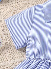 Girls' Summer Stripe V-Neck Short Sleeve A-Line Dress - Blue - View 4