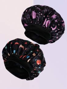 1 Stück Satin Bonnet mit Sternenmuster und Mond Personalisierung, breiter elastischer Satincap Nachtmütze
