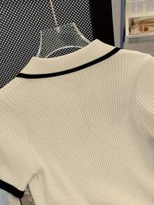 Top tricoté à bordure contrastée décontracté pour femmes, tenues d'été, tenues de la Saint-Valentin pour femmes, robes élégantes pour femmes, tenues de vacances pour femmes - Kaki - Voir 3