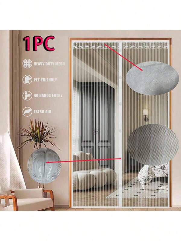 Cortina de puerta de malla magnética con rayas blancas minimalista - Perfecta para el verano, adecuada para loft, cocina, sala de estar y talla grande escenarios. Instalación sin dejar rastro, diseño de retorno automático para una apertura y cierre fáciles. Malla transpirable para ventilación y anti-mosquitos, adecuada para dormitorios, cocinas, balcones y familias con mascotas.