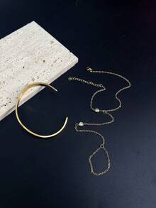 2 件/套 18K 镀金不锈钢开口手镯和戒指套装，可调节，时尚，适合日常佩戴、派对、婚礼、订婚 - 金色 - 查看 5